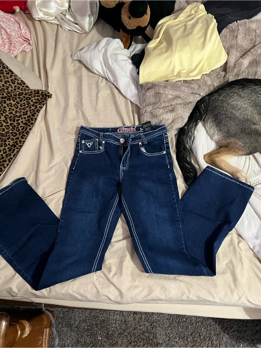 Girls Dark Blue Embroidered Bootcut Jeans